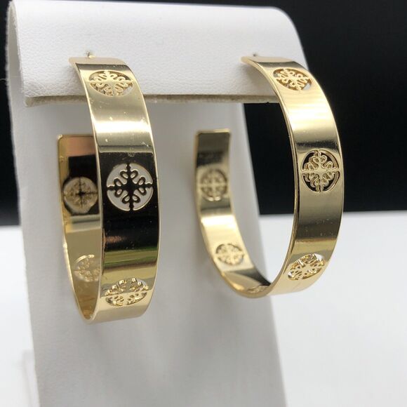 Hoop Earrings Chunky Gold Tone Cutout - Picture 1 of 5
